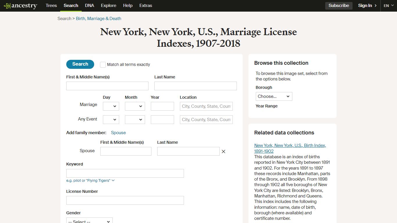 New York, New York, U.S., Marriage License Indexes, 1907-2018